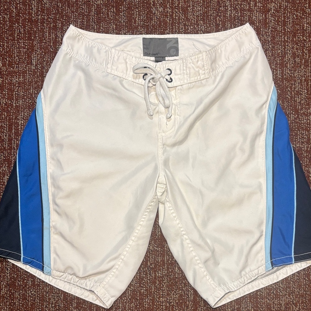 Old Navy White and Blue Men Swim Board Shorts nautical surf short y2k striped